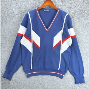Gabicci V Neck Chevron Long Sleeve Sweater Mens L Blue Vintage Italy Mod Retro